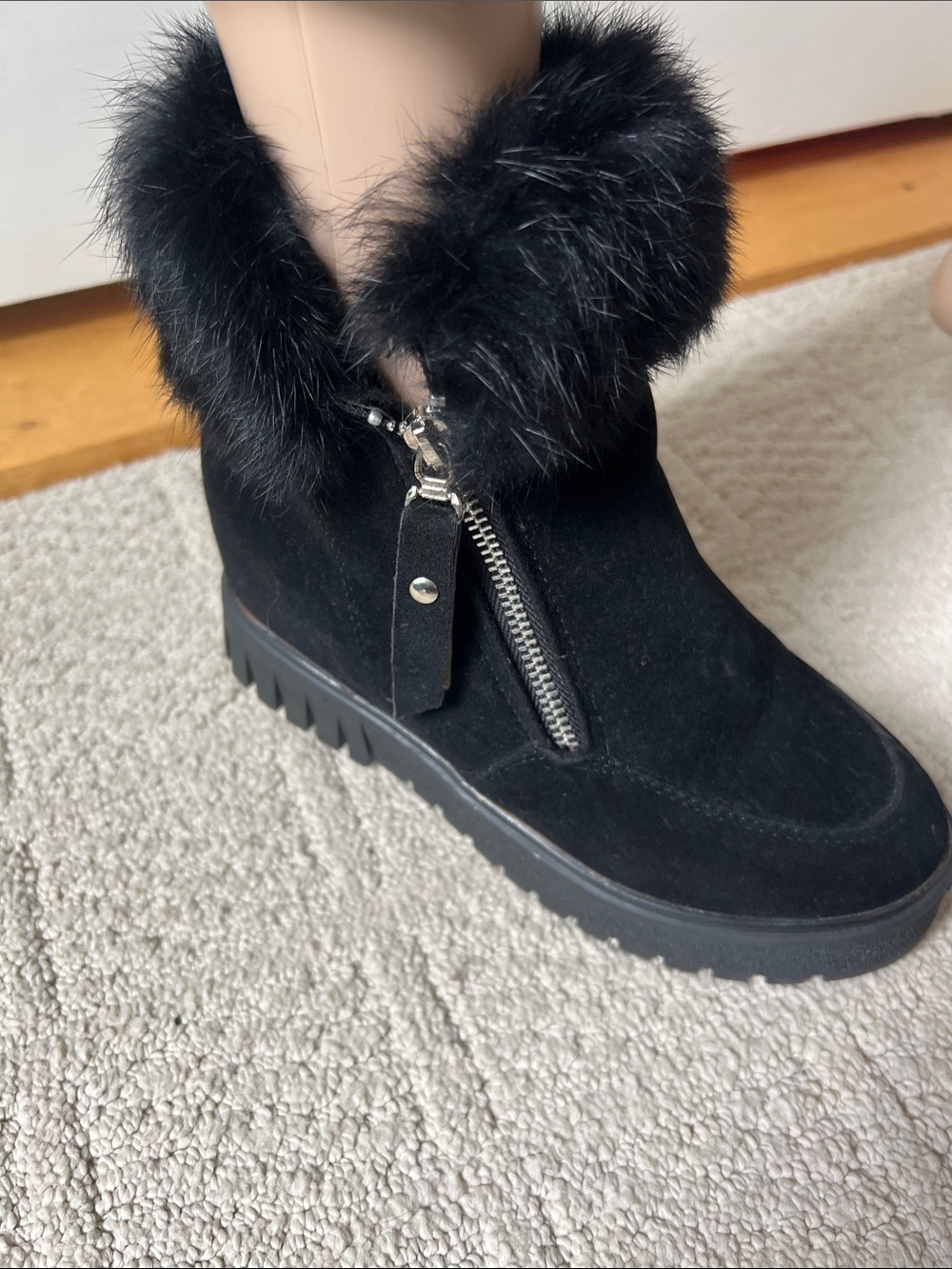 Women's Black Faux Fur Trim Suede Ankle Boot with Side Zip